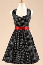 Oasap Polka Dot Print Bow Back Halter A-line Dress
