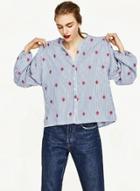 Oasap Classic Floral Embroidery Stripped Shirt