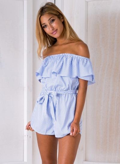 Oasap Off Shoulder Ruffle Striped Romper With Belt