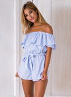 Oasap Off Shoulder Ruffle Striped Romper With Belt