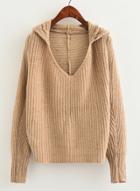 Oasap Hooded V Neck Batwing Sleeve Solid Color Pullover Sweater