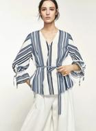 Oasap V Neck Flare Sleeve Striped Belt Blouses