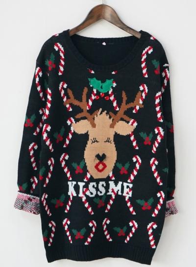 Oasap Cartoon Christmas Deer Loose Fit Knit Sweater