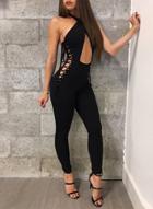 Oasap Halter Meck Sleeveless Lace-up Jumpsuit