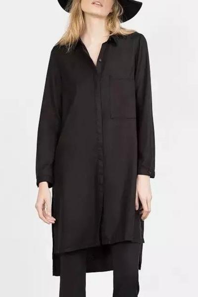 Oasap Classic Black Side Slit High Low Button Down Shirt