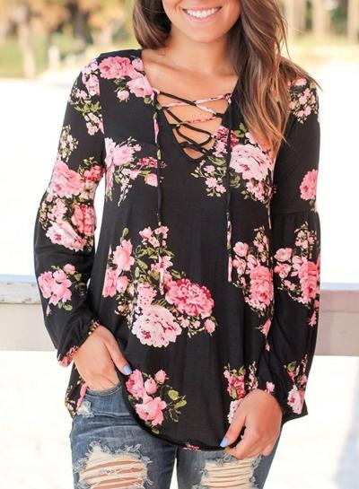 Oasap V Neck Lace Up Floral Print Loose Fit Blouse