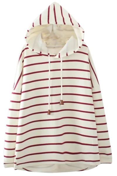 Oasap Fashion Striped Fleece Dropped Long Sleeve Drawstring Hoodie