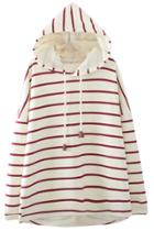 Oasap Fashion Striped Fleece Dropped Long Sleeve Drawstring Hoodie