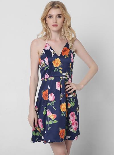Oasap Fashion Floral Print V Neck Pleated Dress