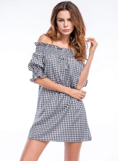 Oasap Slash Neck Off Shoulder Short Sleeve Plaid Dress
