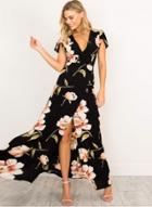 Oasap Wrap V Neck Tie Waist Floral Print Dress