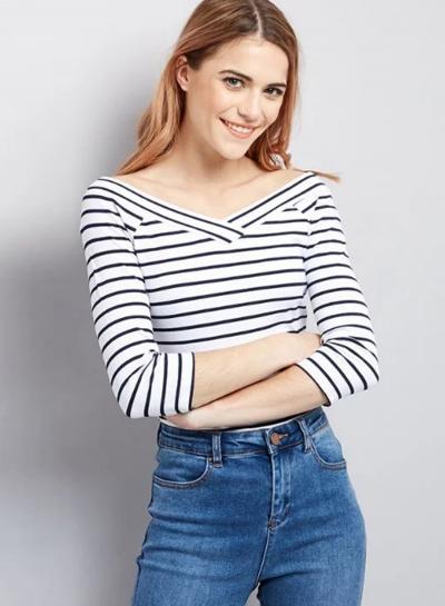 Oasap V Neck 3/4 Sleeve Striped Slim Fit Tee