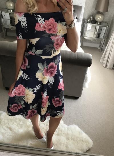 Oasap Off Shoulder Floral Print Slash Neck Dress