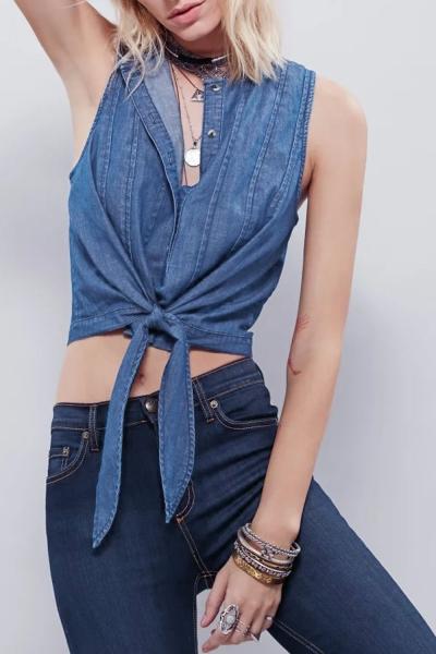 Oasap Modern Button Down Bow Decor Sleeveless Denim Top