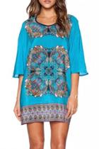 Oasap Boho Mixed Print 3/4 Sleeve Mini Dress