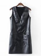 Oasap V Neck Sleeveless Solid Color Pu Leather Bodycon Dress