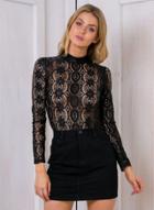 Oasap Mock Neck Long Sleeve Hollow Out Lace Blouse