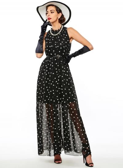 Oasap Round Neck Polka Dots Sleeveless Maxi Dress