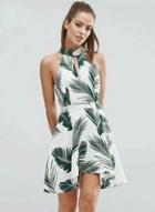 Oasap Off Shoulder Sleeveless Leaf Printed A-line Mini Dress