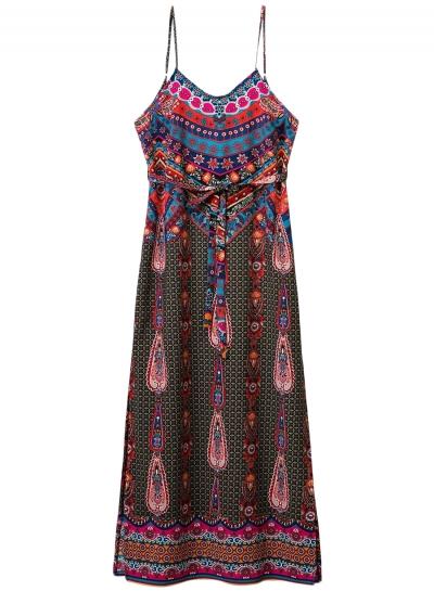 Oasap Women's Tie Waist Printed Maxi Dress With Spaghetti Strap