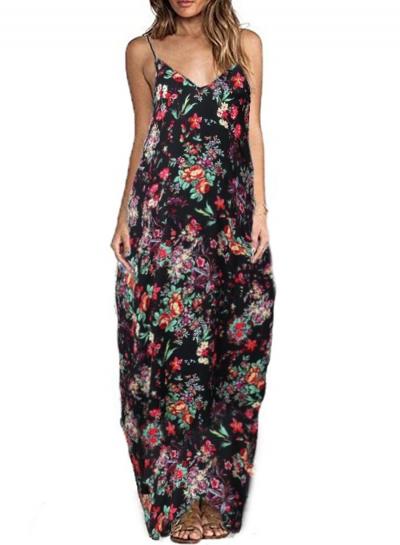 Oasap Spaghetti Strap Floral Print Sleeveless Loose Maxi Dress