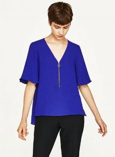 Oasap Solid Color V Neck High Low Blouse