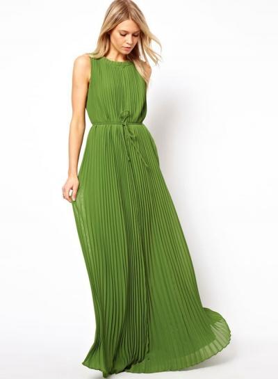 Oasap Solid Color Round Neck Off Shoulder Sleeveless Pleated Maxi Dress