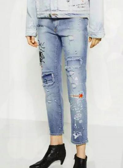 Oasap Pattern Print Street Style Ripped Denim Pants