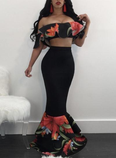 Oasap Floral Ruffle Accent Striped Crop Top And Skirt Set
