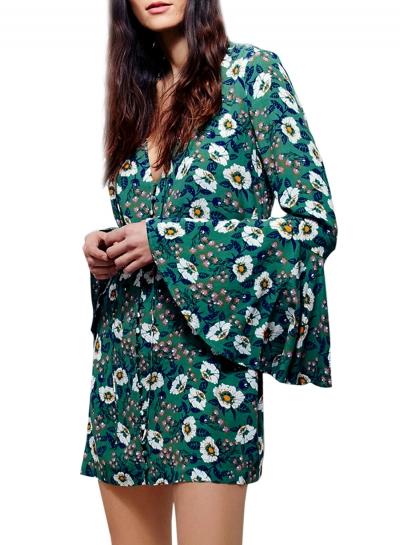 Oasap Women's V Neck Long Flare Sleeve Floral Print Mini Dress