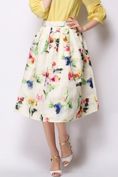 Oasap Demure Floral Graphic Midi Bubble Skirt