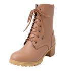 Oasap Solid Round Toe Lace Up Medium Heels Boots