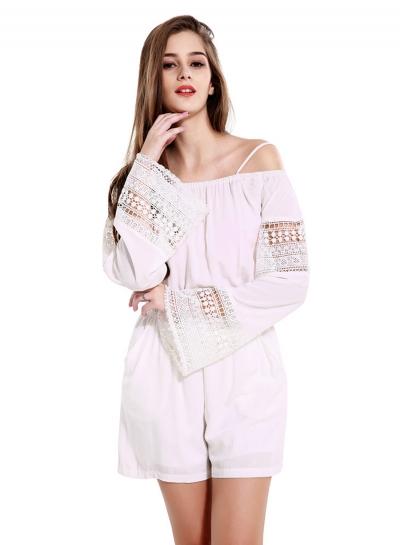 Oasap Spaghetti Strap Slash Neck Lace Panel Romper