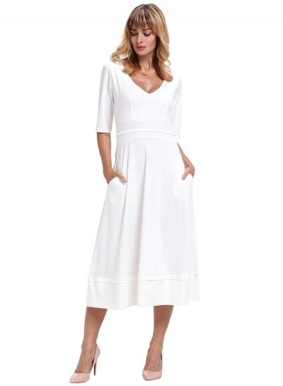 Oasap Solid Color V Neck Half Sleeve High Waist Midi Dress