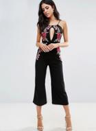 Oasap Spaghetti Strap Floral Embroidery Backless Jumpsuit