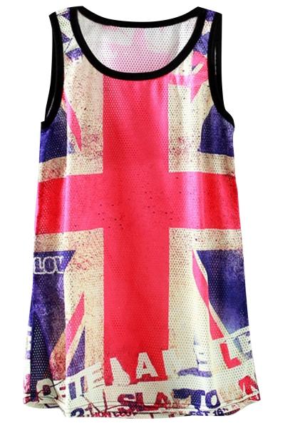 Oasap Casual Flag Print Eyelet Contrast Trim Sleeveless Tank
