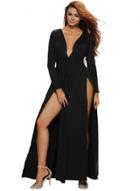 Oasap Deep V Neck Long Sleeve High Slit Maxi Evening Dress