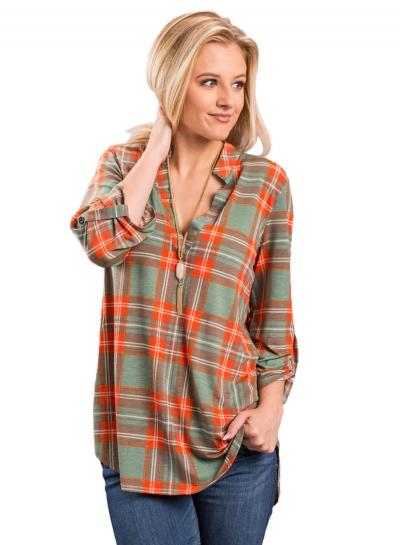Oasap V Neck Three Quarter Length Sleeve Plaid Blouse