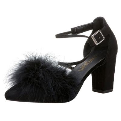 Oasap Pointed Toe Faux Fur Block Heels Buckle Strap Pumps