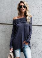 Oasap Slash Neck Long Sleeve Solid Color Pullover Tee Shirt