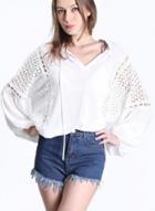 Oasap Solid V Neck Long Sleeve Hollow Out Loose Blouse
