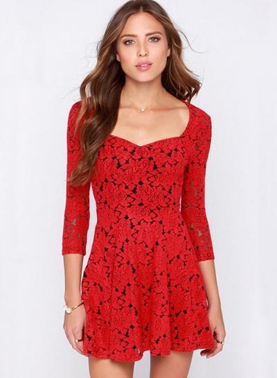 Oasap Women's Red Rose Cut Out Pleated Dress