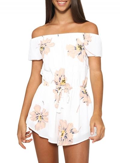 Oasap Women's Off-shoulder Drawstring Waist Floral Print Romper