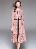 Oasap Long Sleeve Floral Embroidery Lace Midi Dress