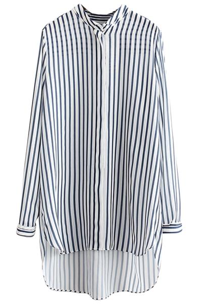 Oasap Color Block Stripe Side Slit High Low Chiffon Shirt