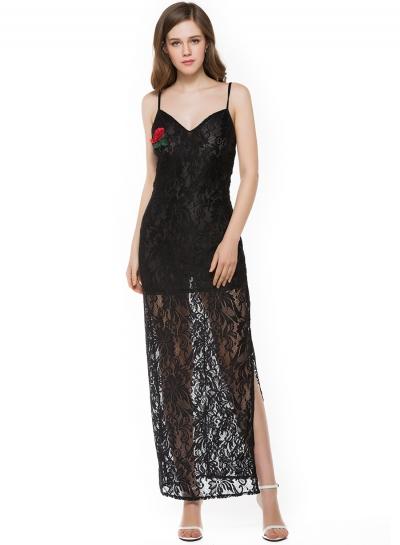 Oasap Spaghetti Strap Lace Backless Split Dress