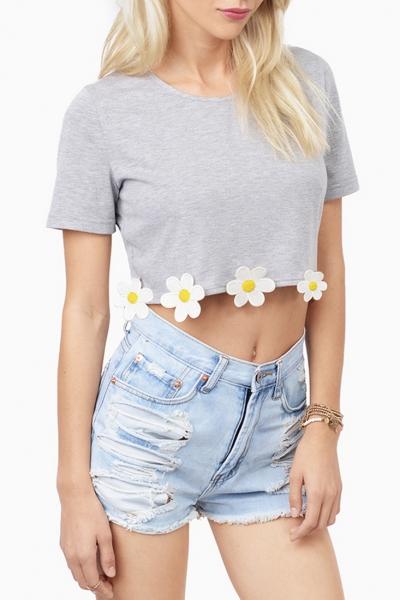 Oasap Sweet Daisy Paneled Short Sleeve Crop Top