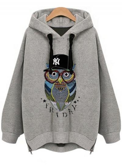 Oasap Plus Size Cartoon Owl Printed Pullover Hoodie