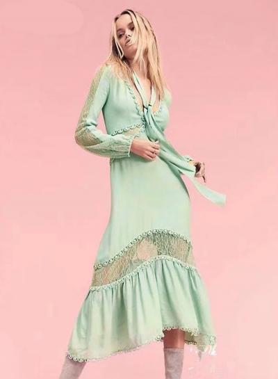 Oasap V Neck Lace Panel Long Sleeve Midi Dress
