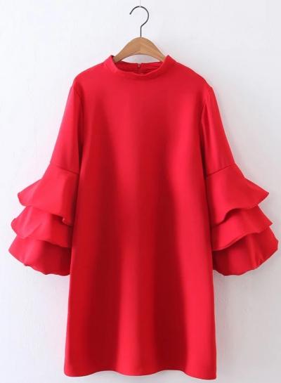 Oasap Round Neck Flounce Hem Solid Color Midi Dress